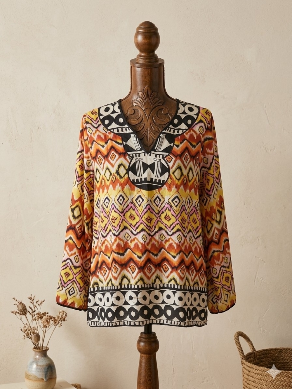 Tolani By Anthropologie Multi-Color Ikat V-Neck Tunic with Black-White Trim